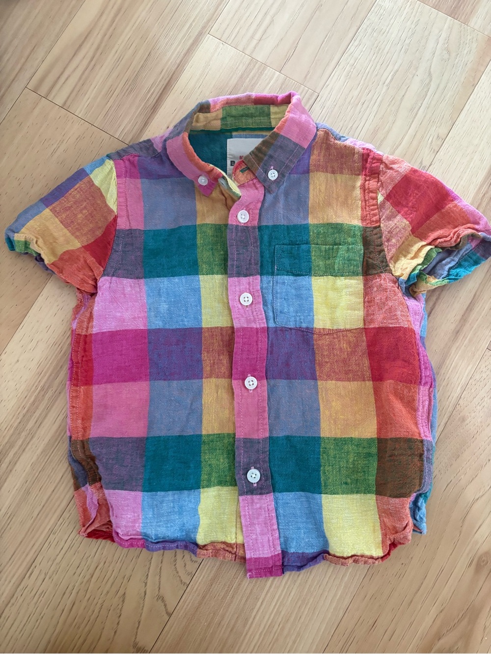 Mini Boden Rainbow Plaid Short-Sleeve Button-Down Shirt